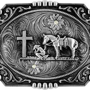 Religion Cross Cowboy Kneeling Prayer And Horse Design Belt Buckles